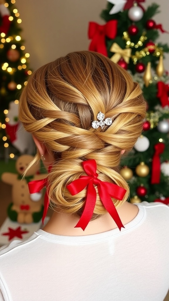 Elegant Christmas updo hairstyle with twists and braids, decorated with hairpins, in a festive setting.